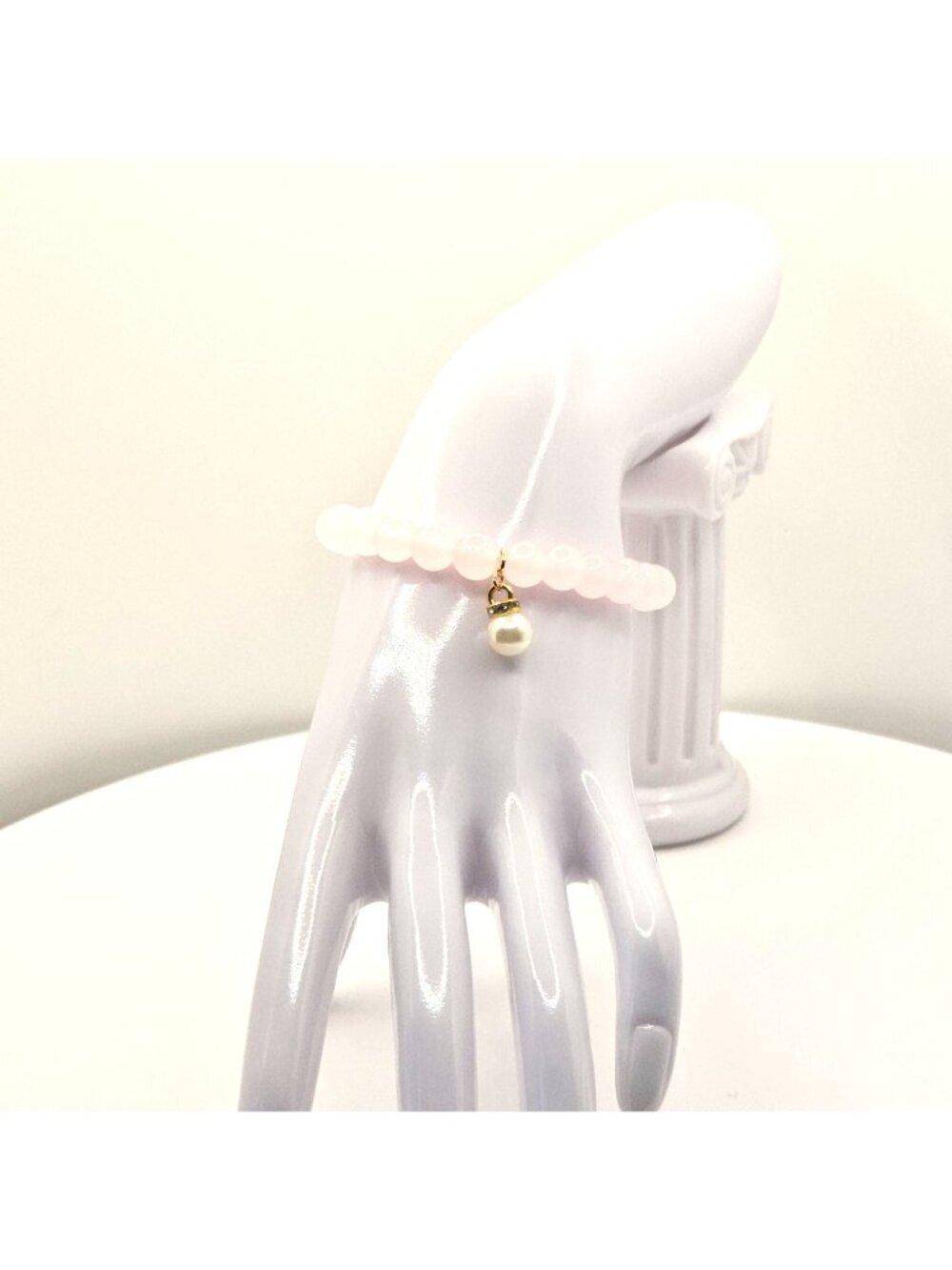 Pink Rose Glass Beaded Bracelet With Faux Pearl Charm Elegant Stretch Design